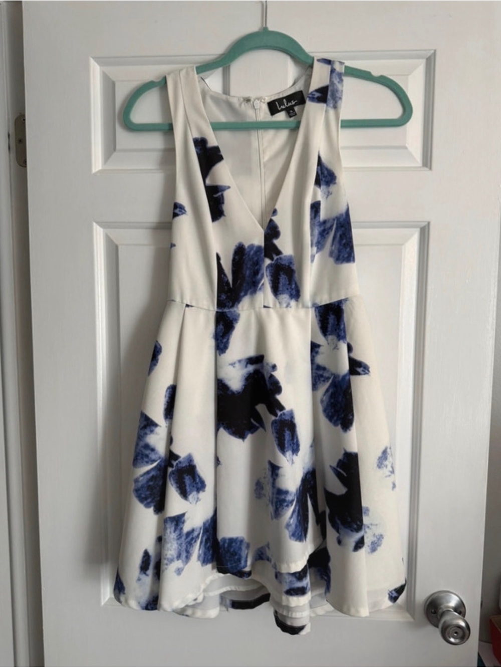 Lulu's White Dress with Blue Floral Print and V-Neck
